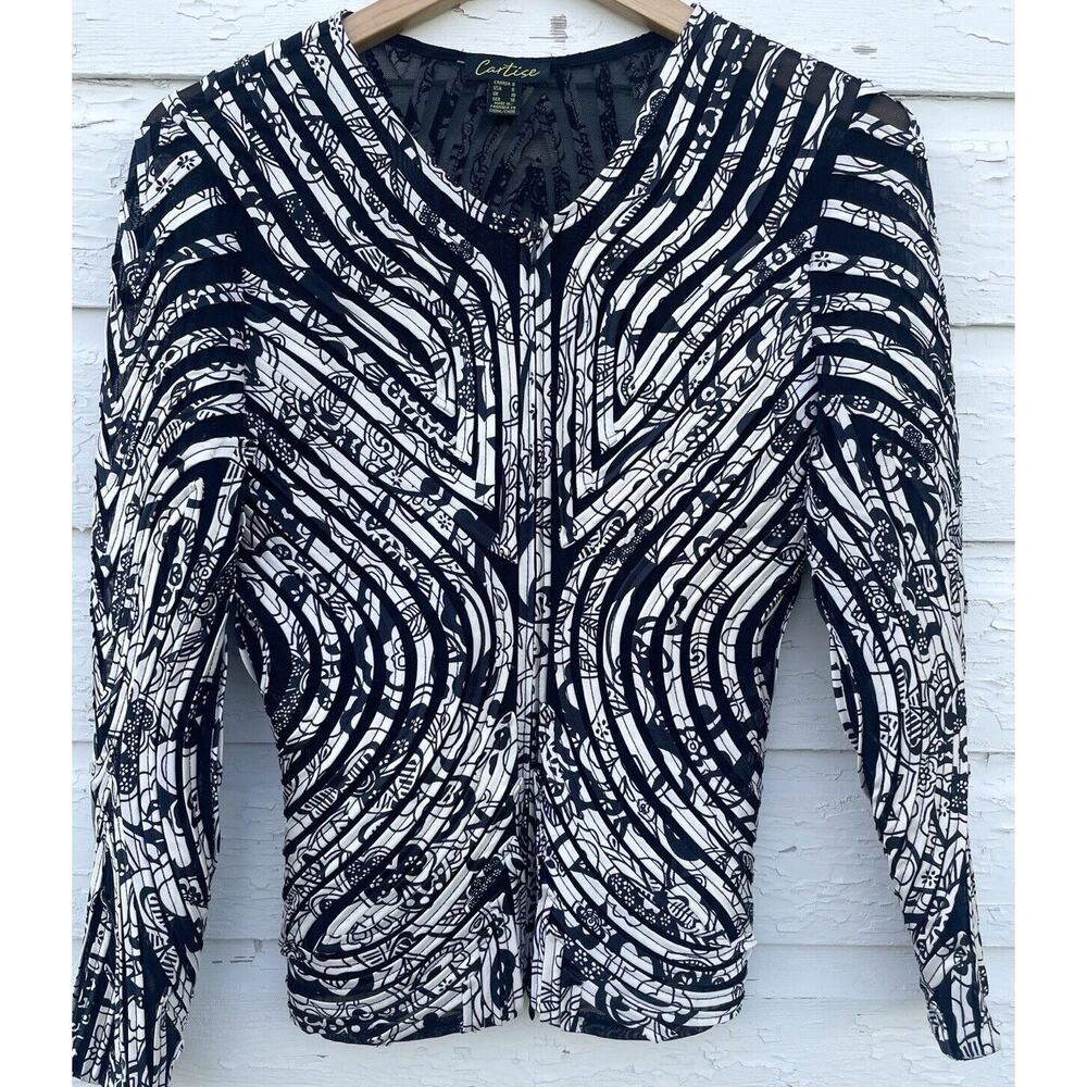 CARTISE Ribbon Top Womens 6 Black White Applique Full Zip Stretch Sheer VTG